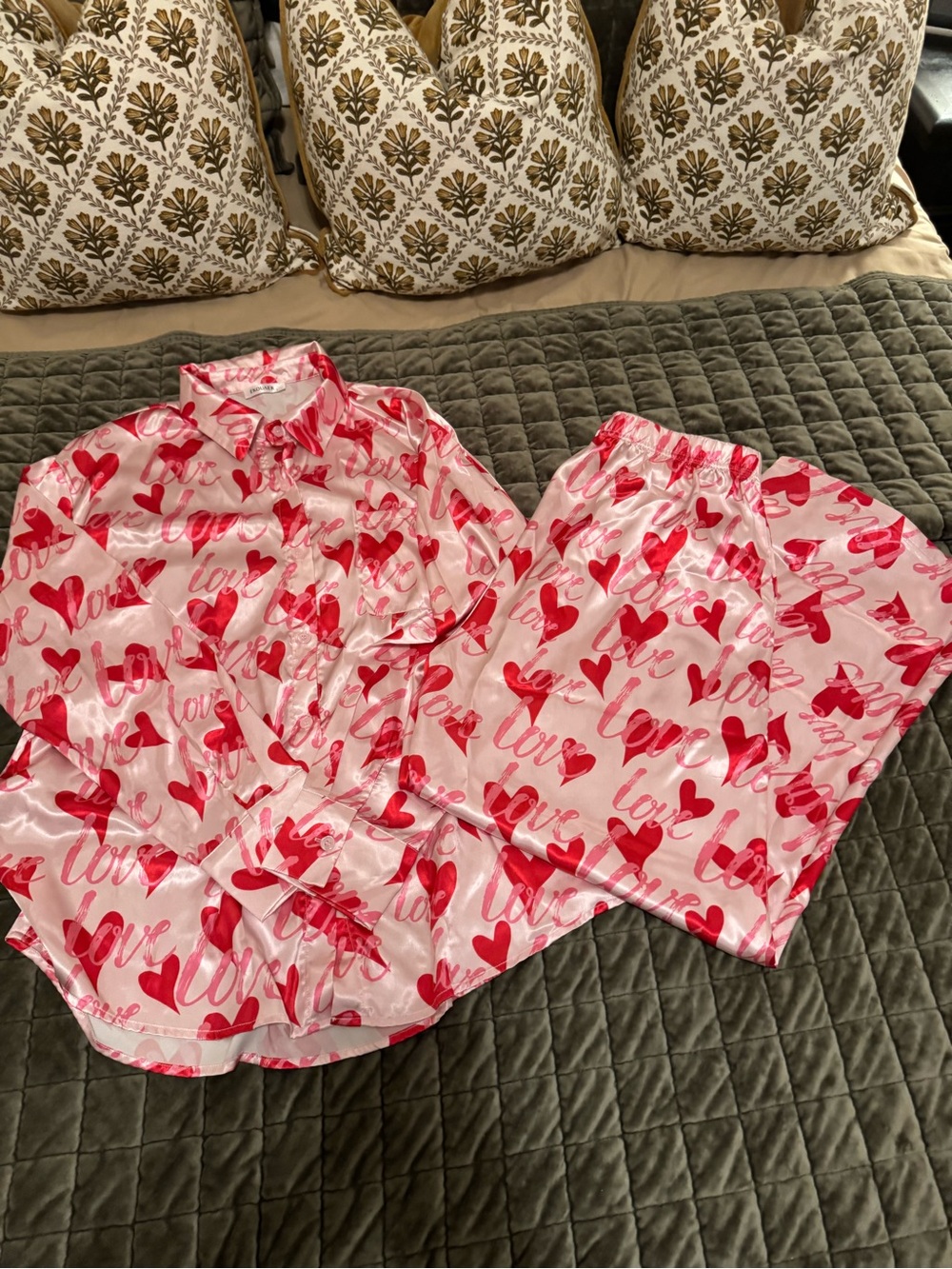 Pink Heart 'Love' Satin Pajama Set
